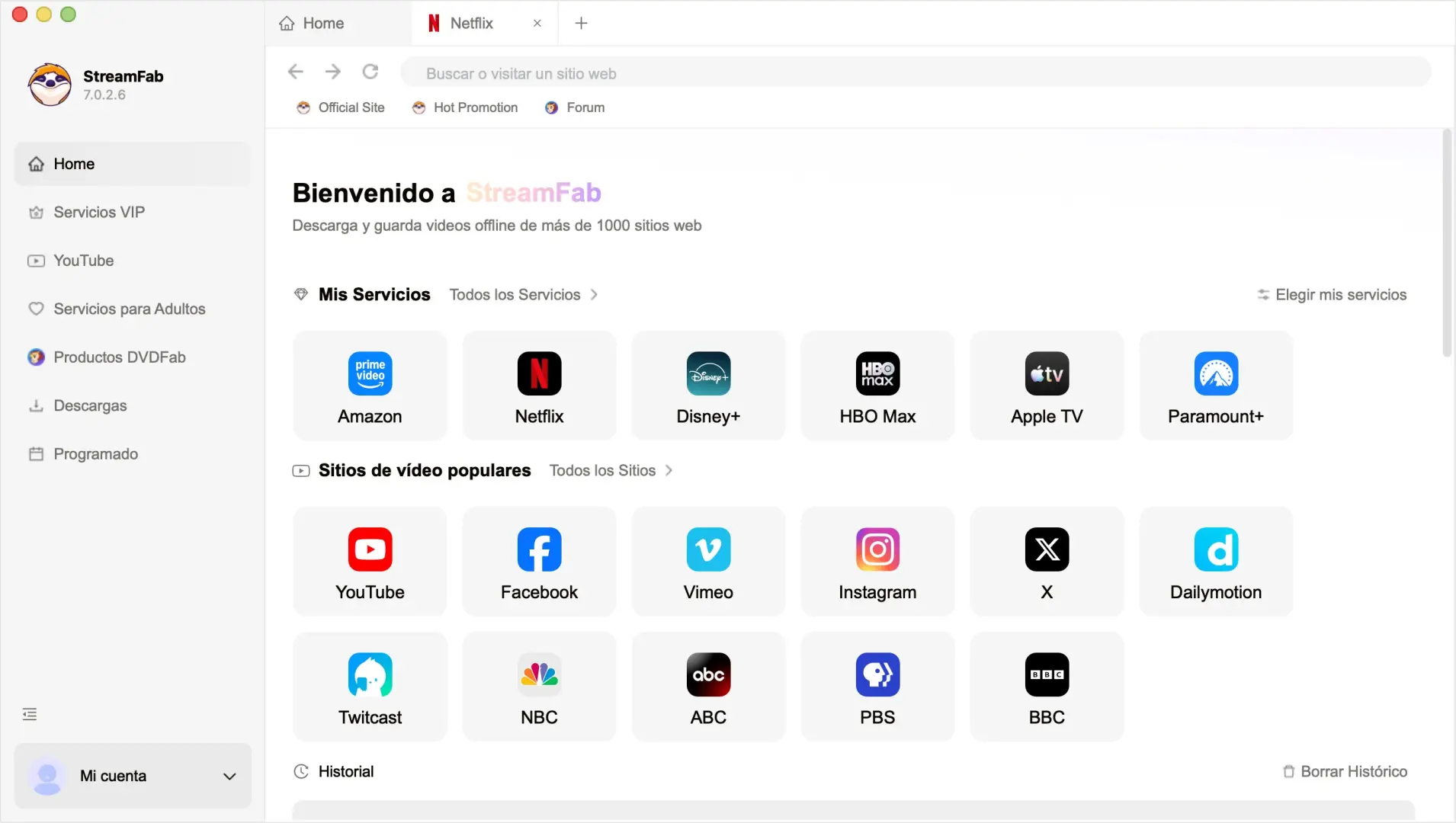 StreamFab: panel de Servicios VIP con los iconos de Netflix, Disney+ y Amazon Prime Video
