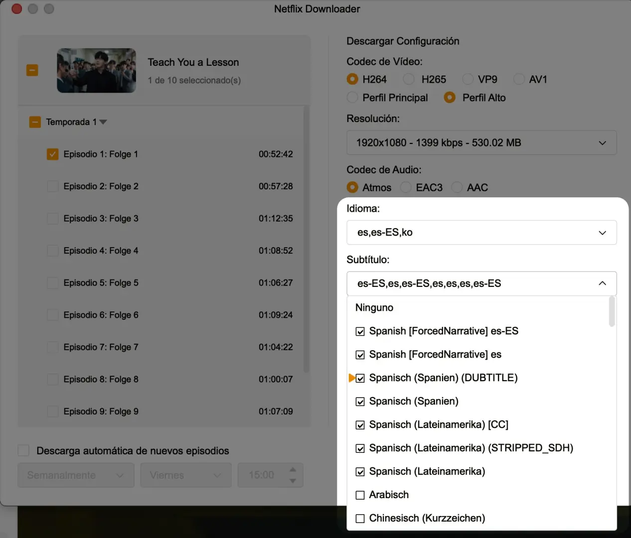 StreamFab: selector de idioma de subtítulos con opción de SRT externo o embebido en el panel de descarga