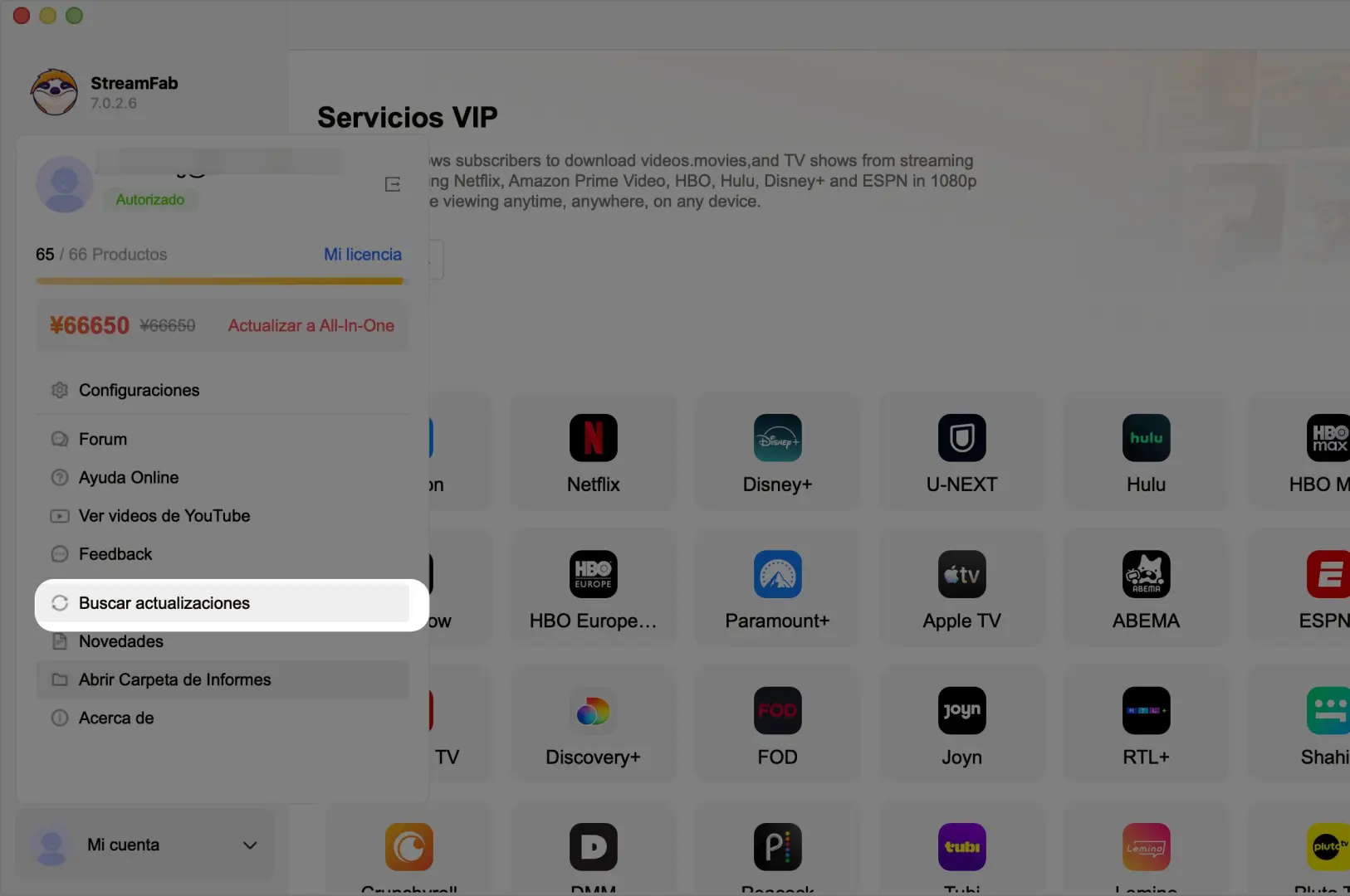 Hamburger menu → About con la versión actual de StreamFab