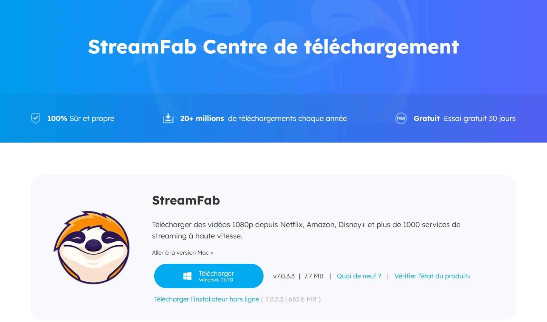 Page officielle de téléchargement StreamFab avec le bouton Téléchargement Gratuit pour Windows