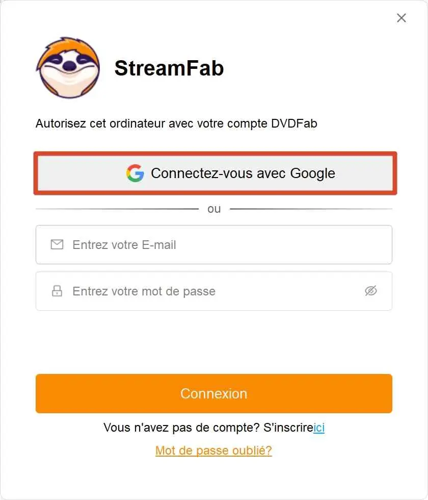 Écran de connexion StreamFab avec les options e-mail et Google