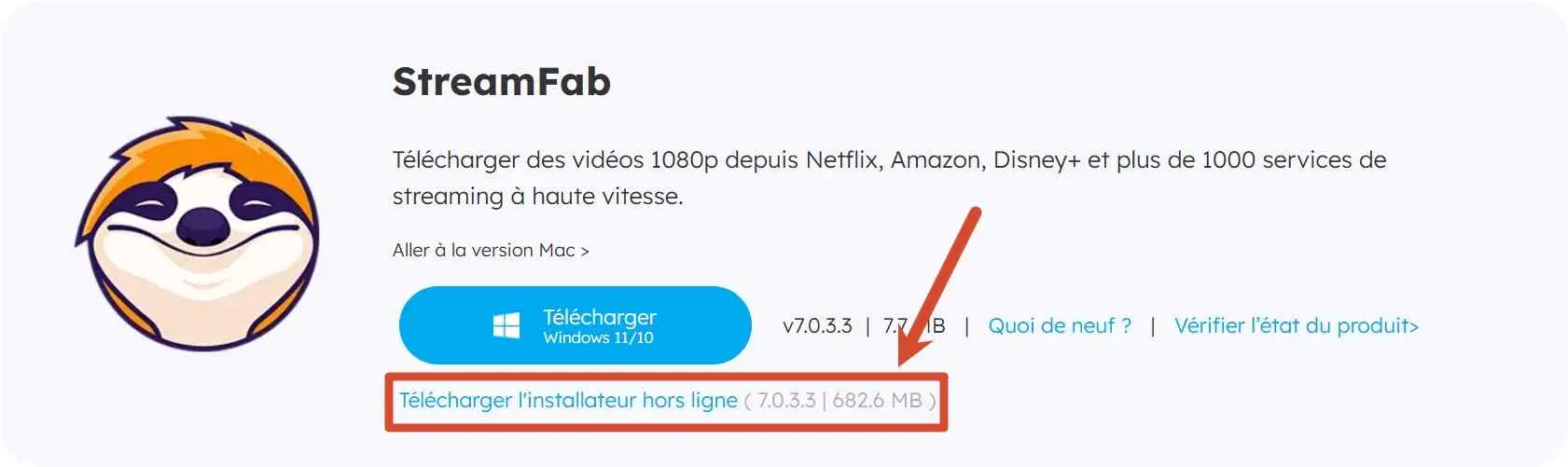 Page de téléchargement StreamFab avec le lien vers l'installateur hors ligne
