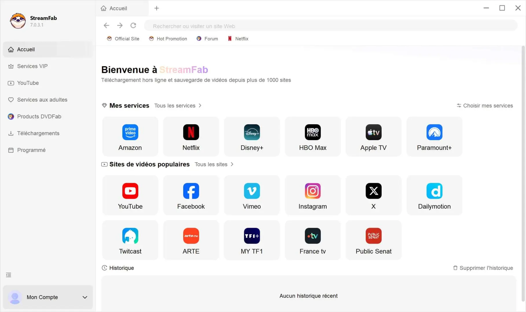 Interface principale de StreamFab après une installation sur Windows 11