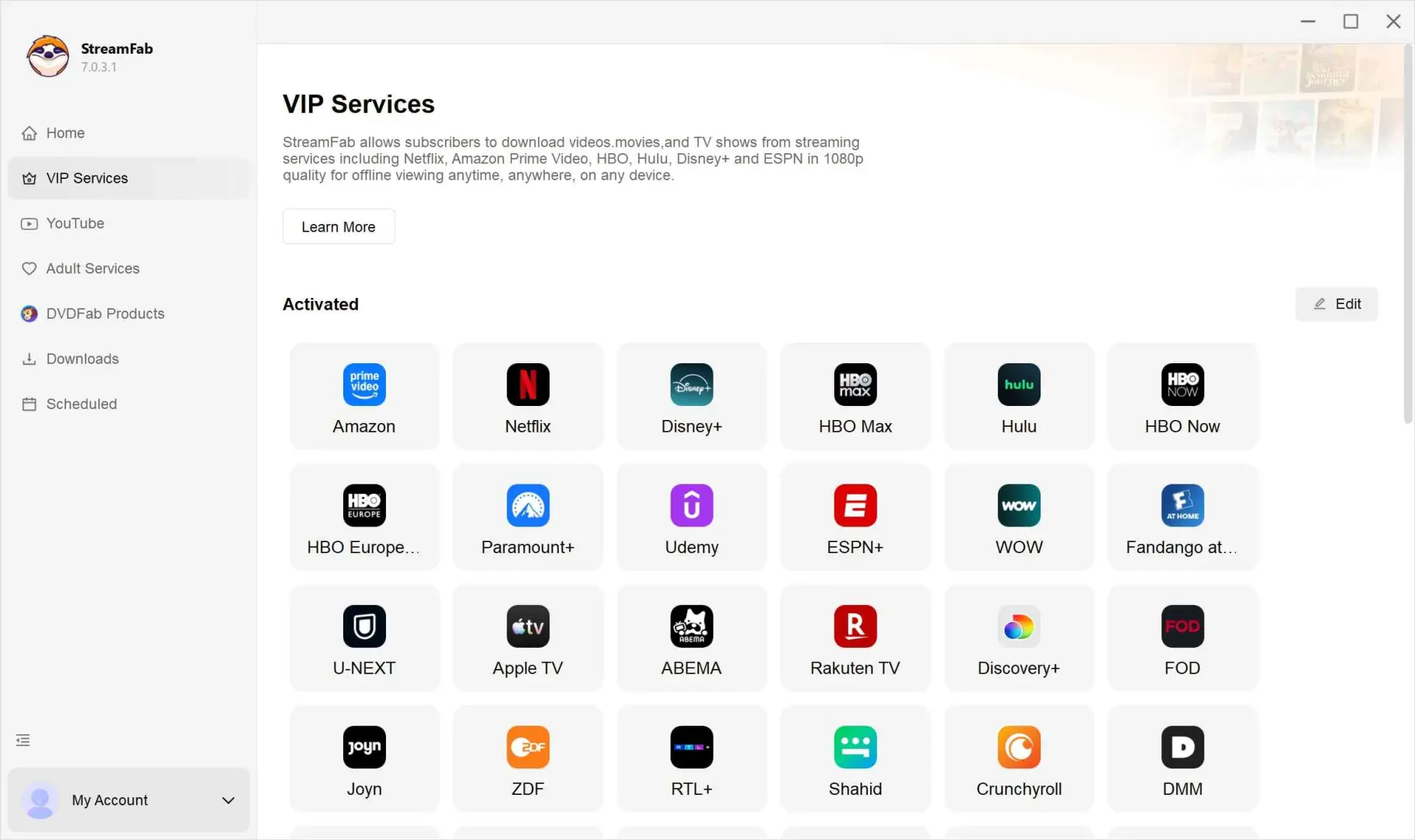 Interface principale de StreamFab montrant le panneau de sélection des plateformes