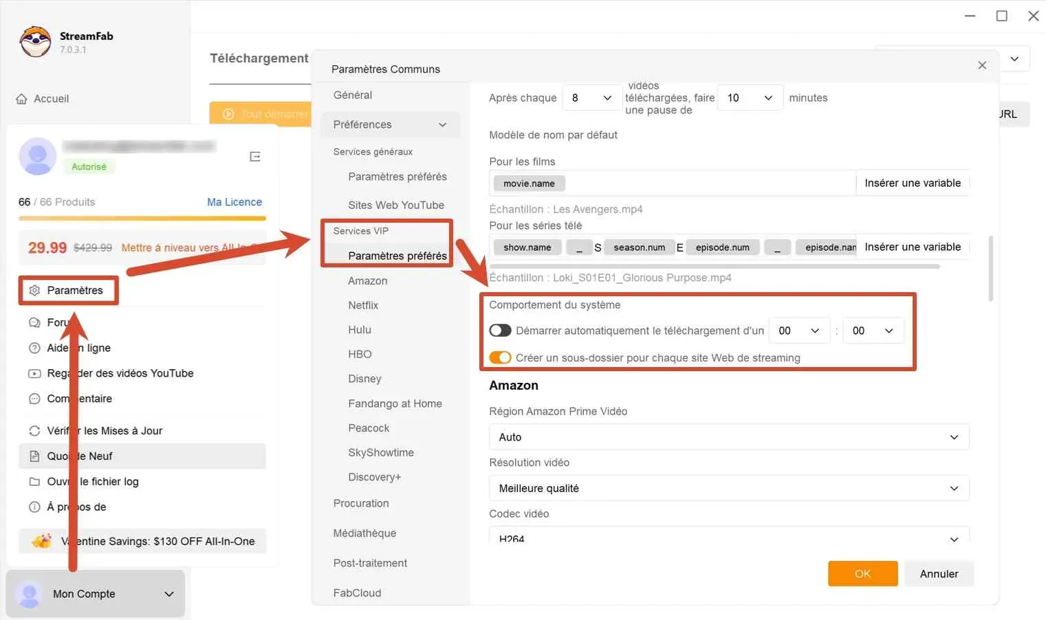 Écran d'accueil StreamFab montrant l'accès aux paramètres via le menu du compte utilisateur