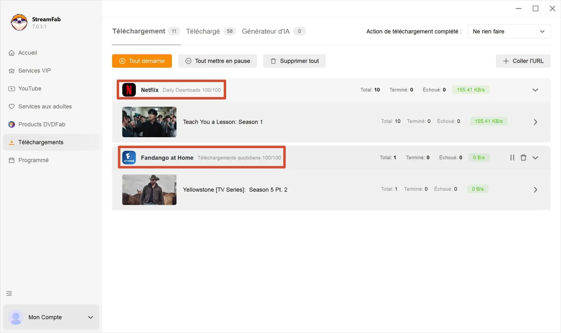Onglet En cours de téléchargement de StreamFab montrant la limite restante par service VIP