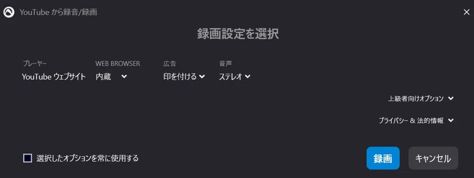 Audials の録画オプション設定画面