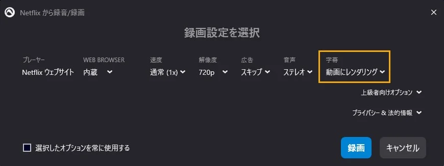 Audials OneでYouTube字幕の言語と保存方法を設定する画面
