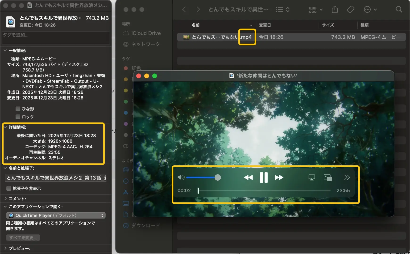 StreamFabで保存したU-NEXT MP4のファイル情報を確認する画面