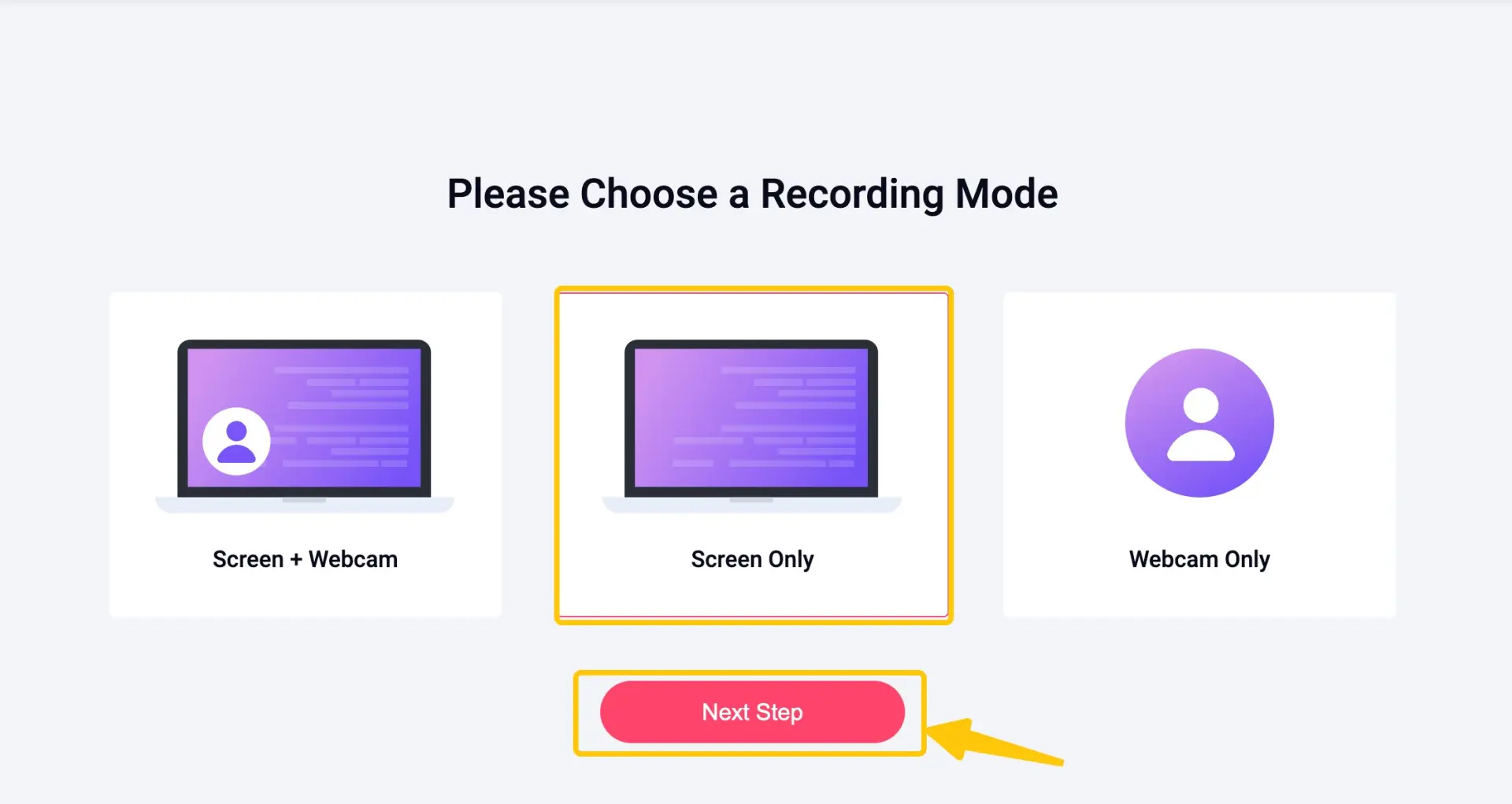 RecordCastで画面録画モードを選択する操作画面