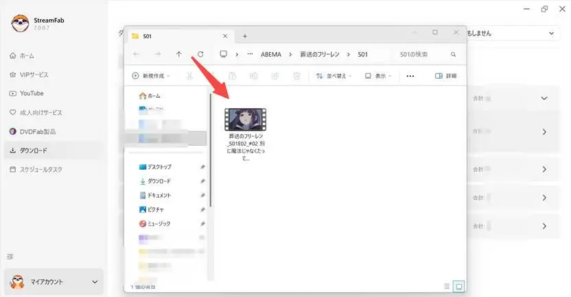 StreamFabの処理完了後の保存リスト画面