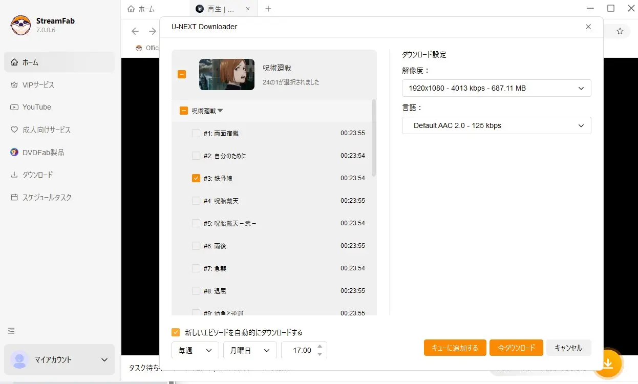 StreamFab U-NEXTでエピソードと出力条件を選択する画面