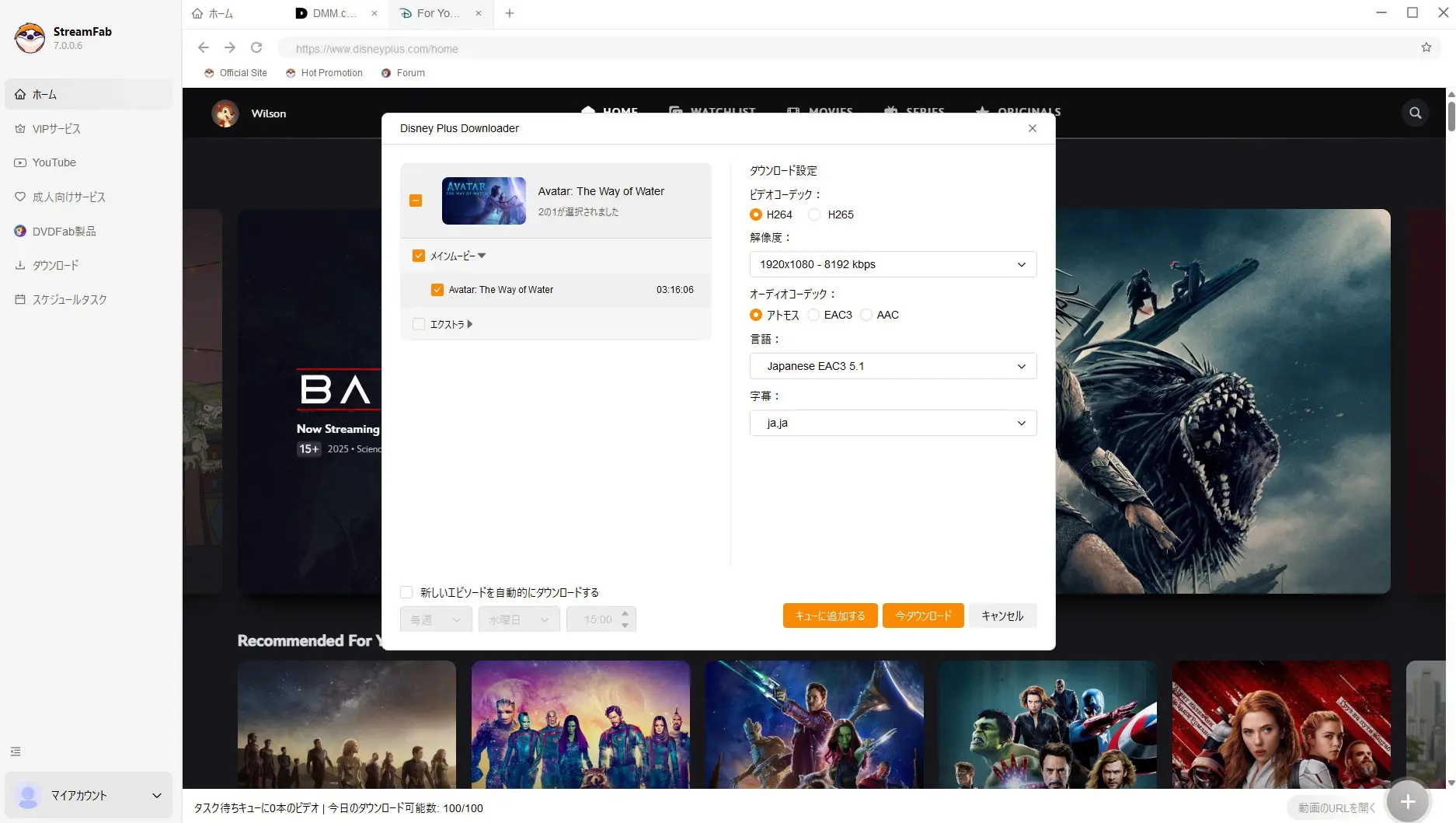 StreamFabでDisney+の音声と字幕を選ぶ画面