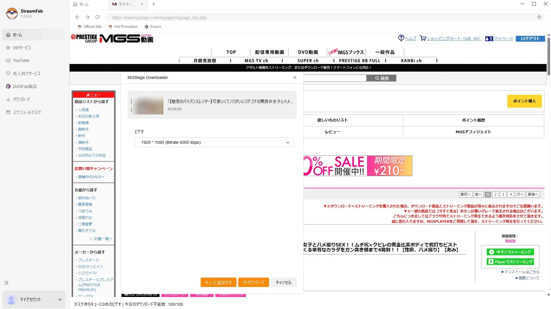 StreamFabで保存設定を選ぶ画面