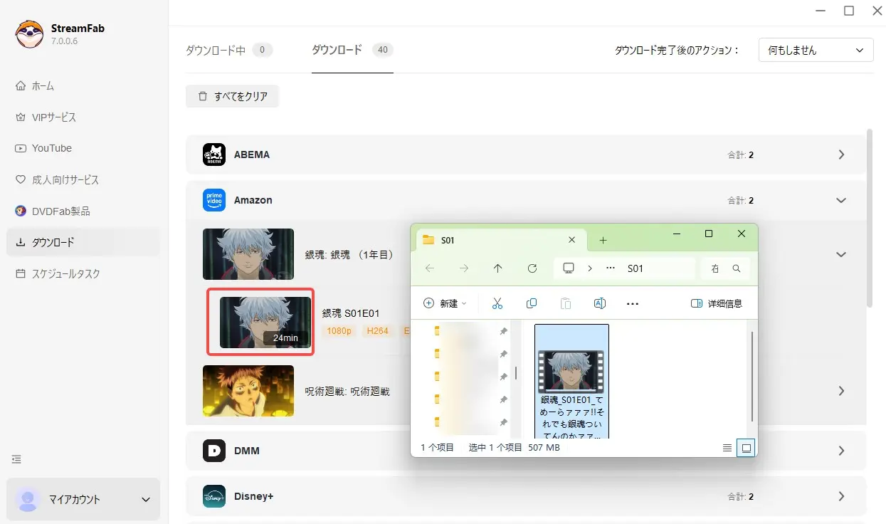 StreamFab All-In-OneでAmazon動画の形式と字幕を選ぶ画面