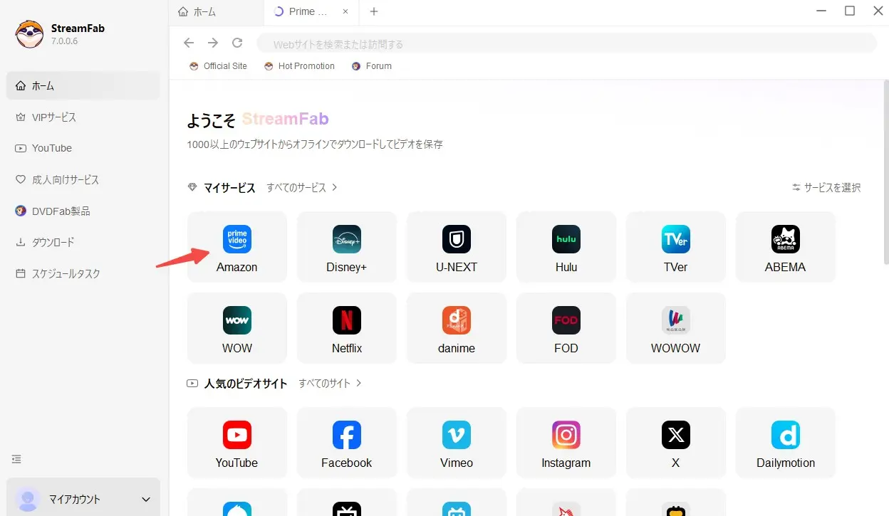 StreamFab VIP 服務面板，顯示 Netflix、Disney+、Amazon 圖示