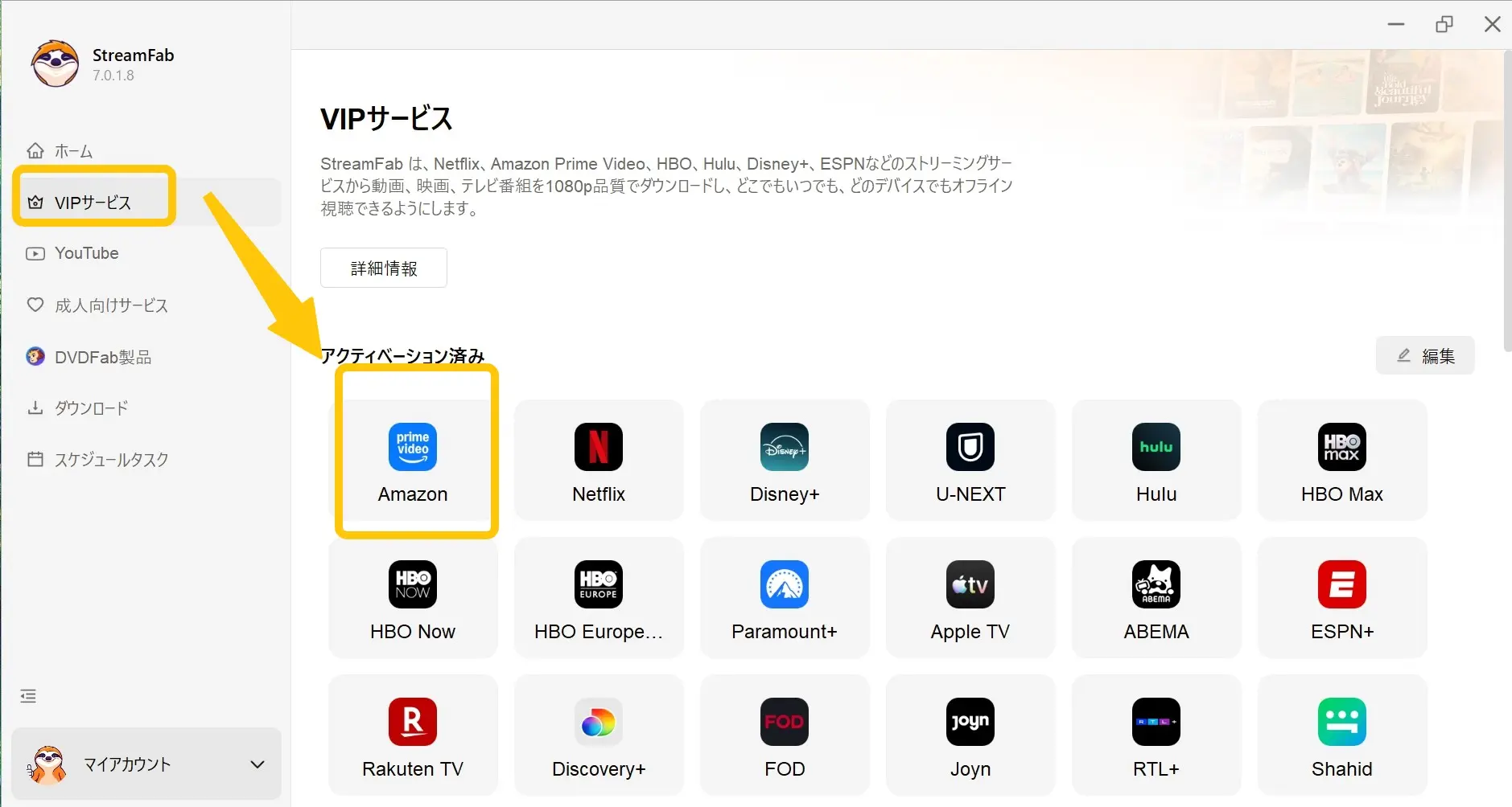 StreamFabのVIPサービスからAmazonを選択する画面