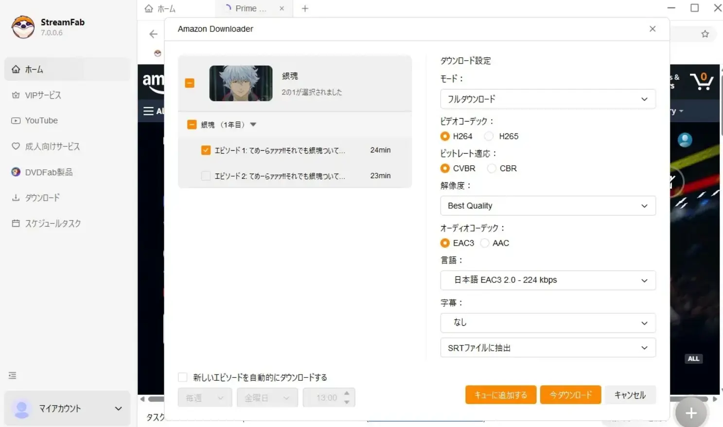 StreamFabでエピソードと解像度を選んでダウンロードする画面