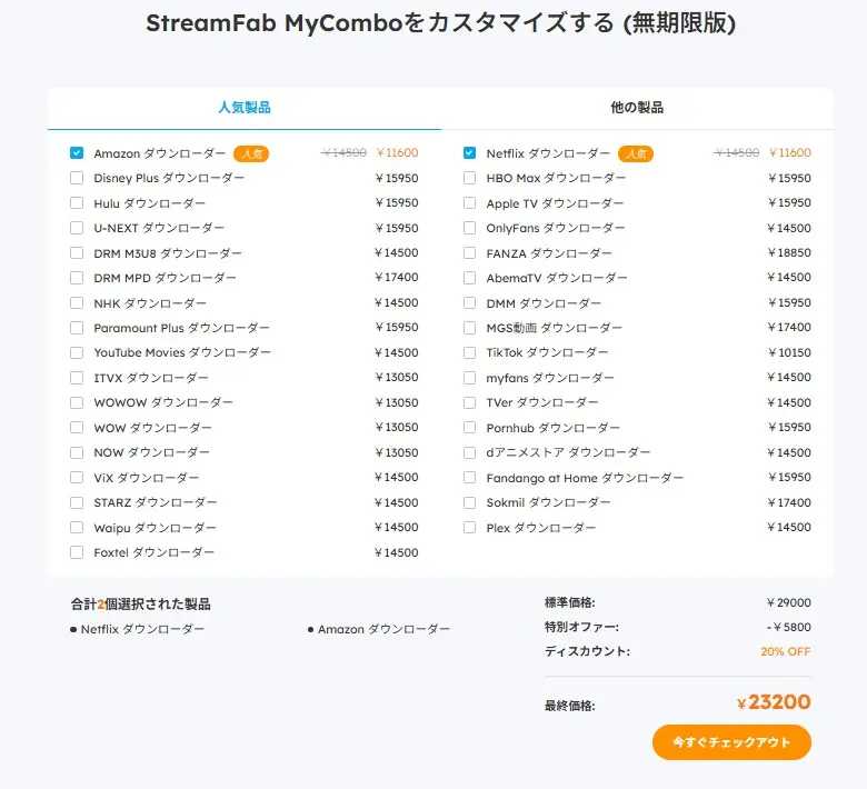 StreamFab MyComboで必要な製品構成を確認する購入画面