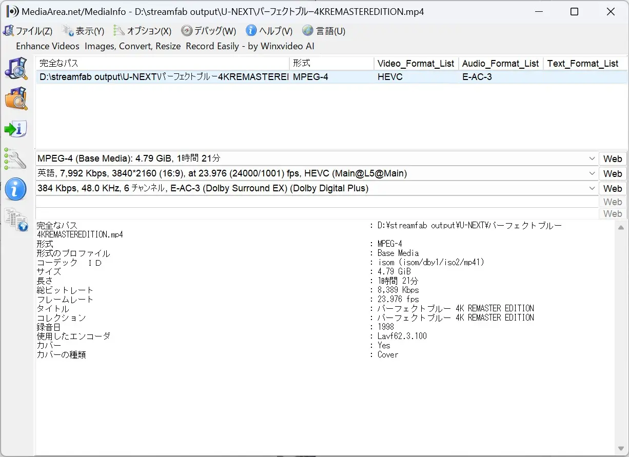 StreamFab U-NEXT Downloader保存ファイルのMediaInfo確認