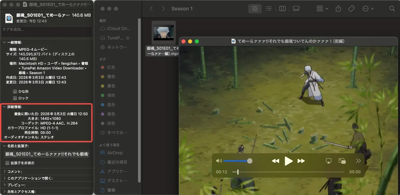 TunePat 3.0MB/s ダウンロード速度表示と出力ファイル検証