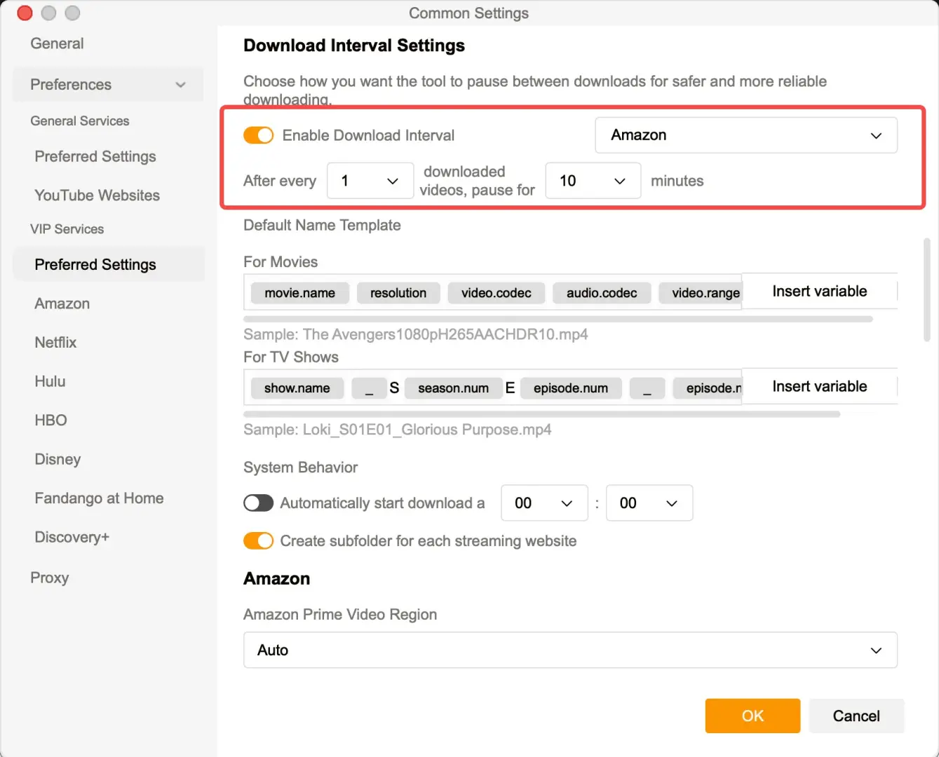 StreamFabでアカウント利用条件に関わる設定を確認する画面