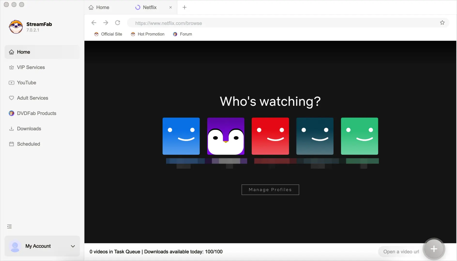 StreamFab内蔵ブラウザでログイン前のアカウント情報を確認する画面