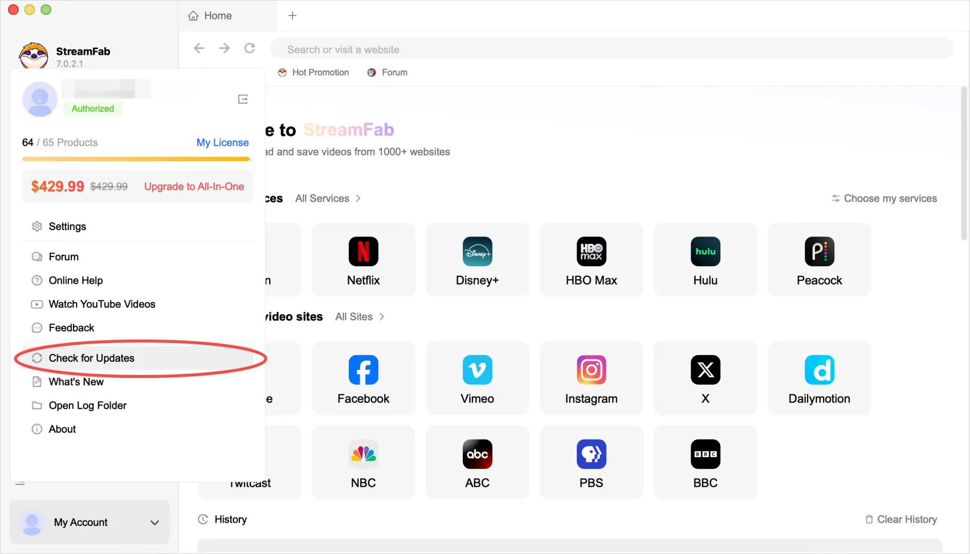 StreamFabの更新画面で製品版と安全確認項目を見直す場面