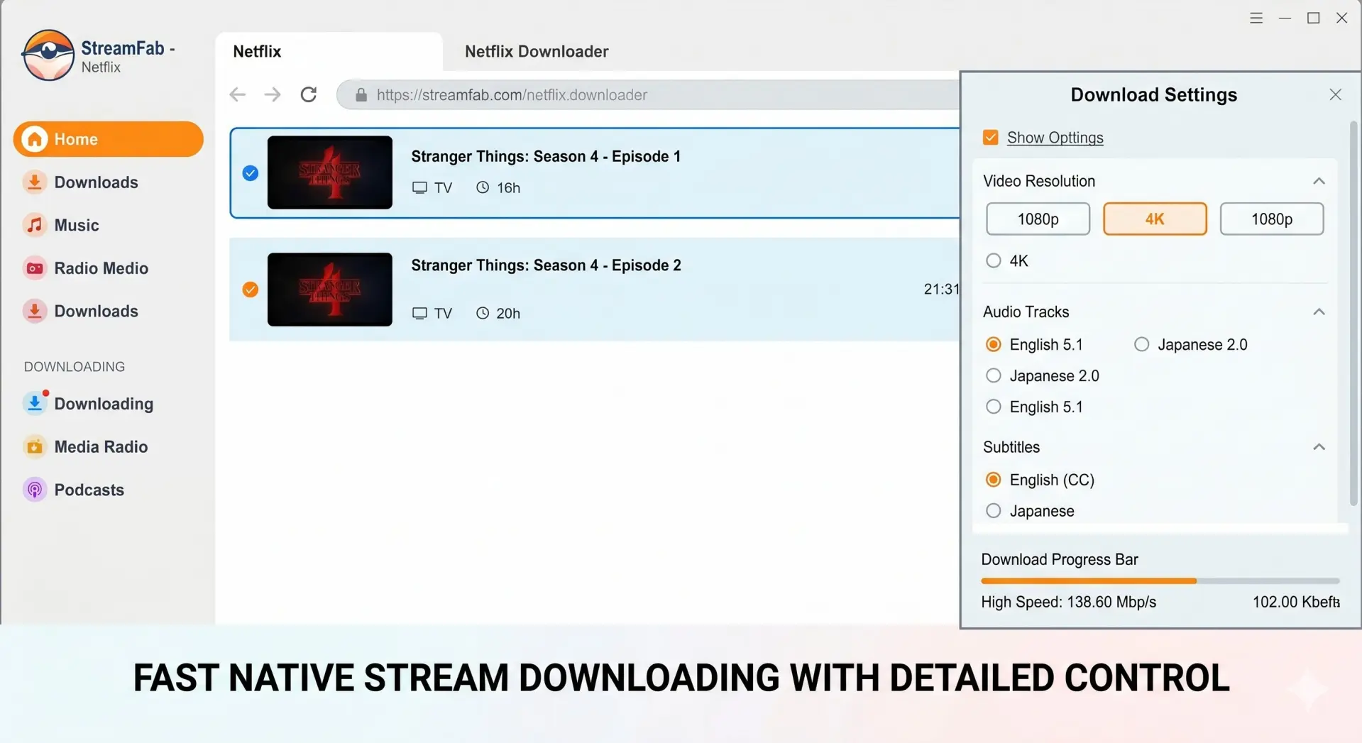 StreamFabでVOD作品をキューに追加して保存する画面