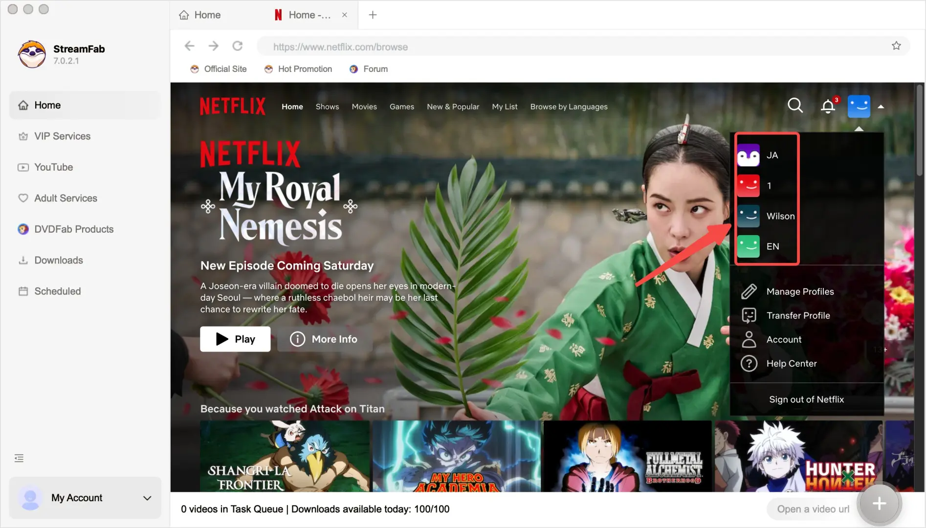 StreamFab内のNetflixプロファイル選択画面で年齢制限なしのプロファイルに切り替えている様子