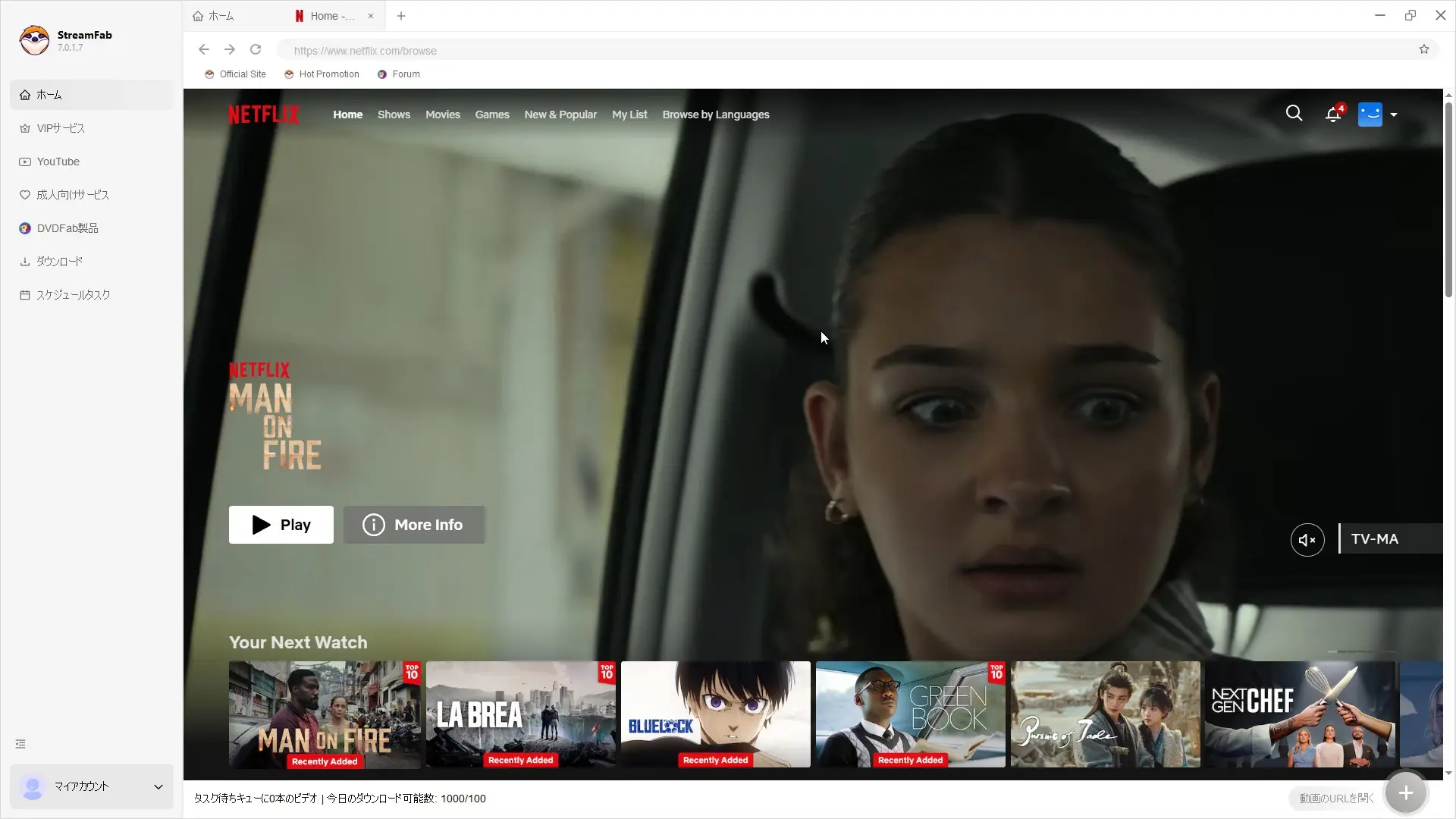 StreamFab 内蔵ブラウザで Netflix にログイン中の画面